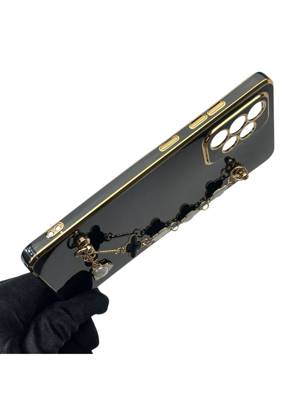 Чехол для телефона Galaxy A52 5G (SM-A526) женский с ремешком с украшениями и золотой окантовкой на A52 5г черный gs1 Samsung (366229796)