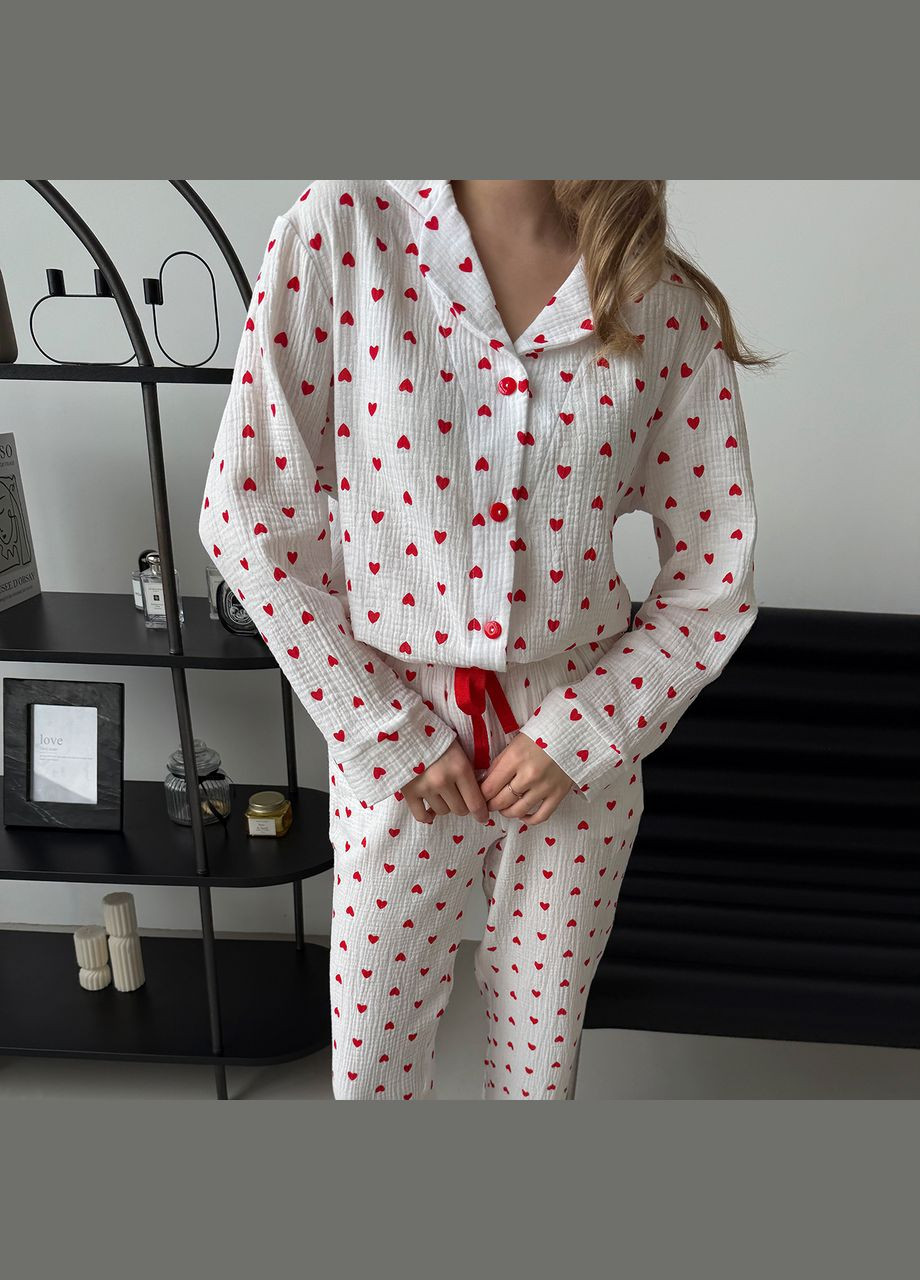 Бордова піжама (сорочка+штани) жіноча муслін біла серця червоні m252p Cosy