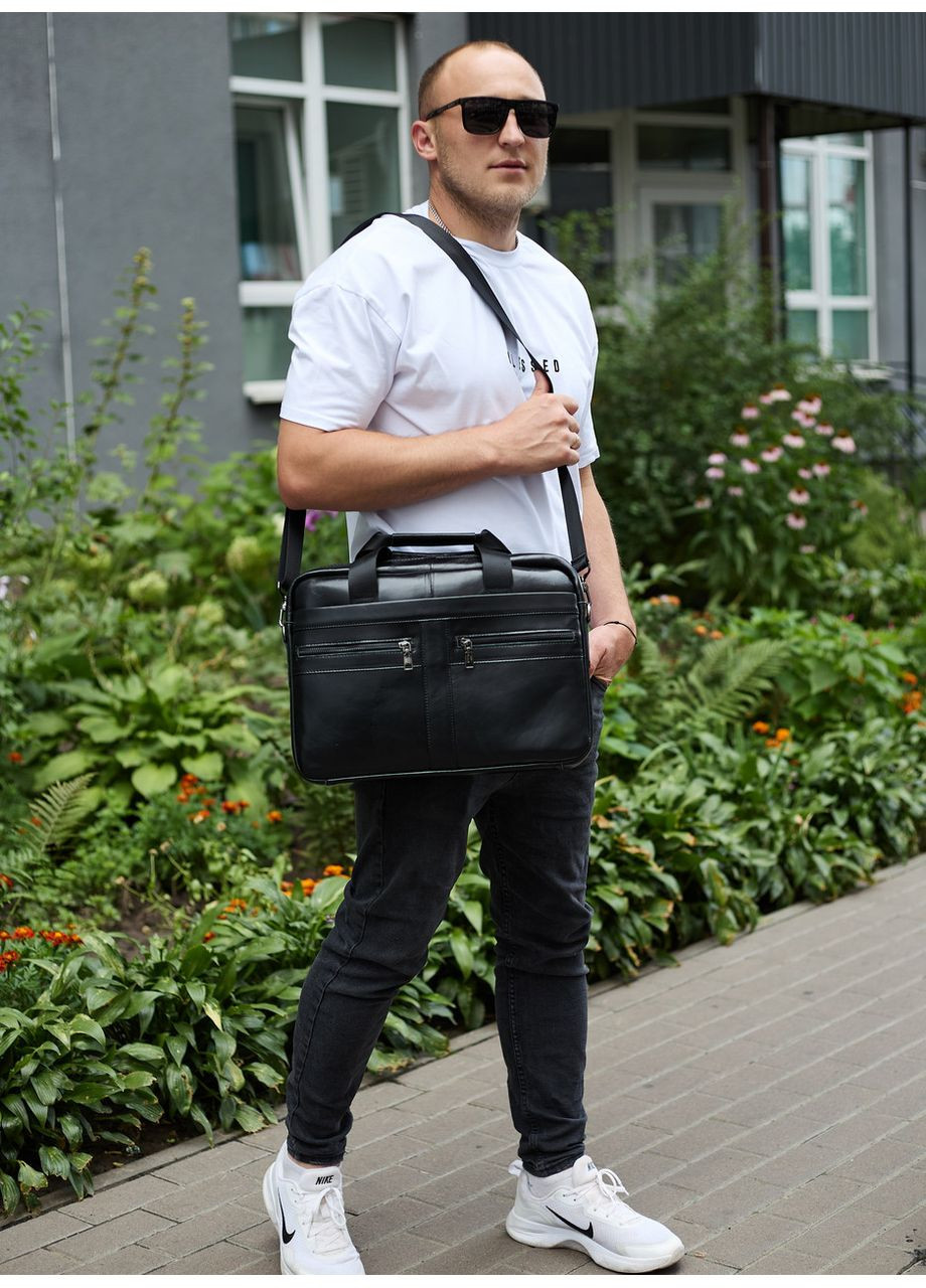 Чоловічий портфель для ноутбука 38х28х8, офісна шкіряна сумочка, міська чоловіча ділова сумка, чорна No Brand (365866900)