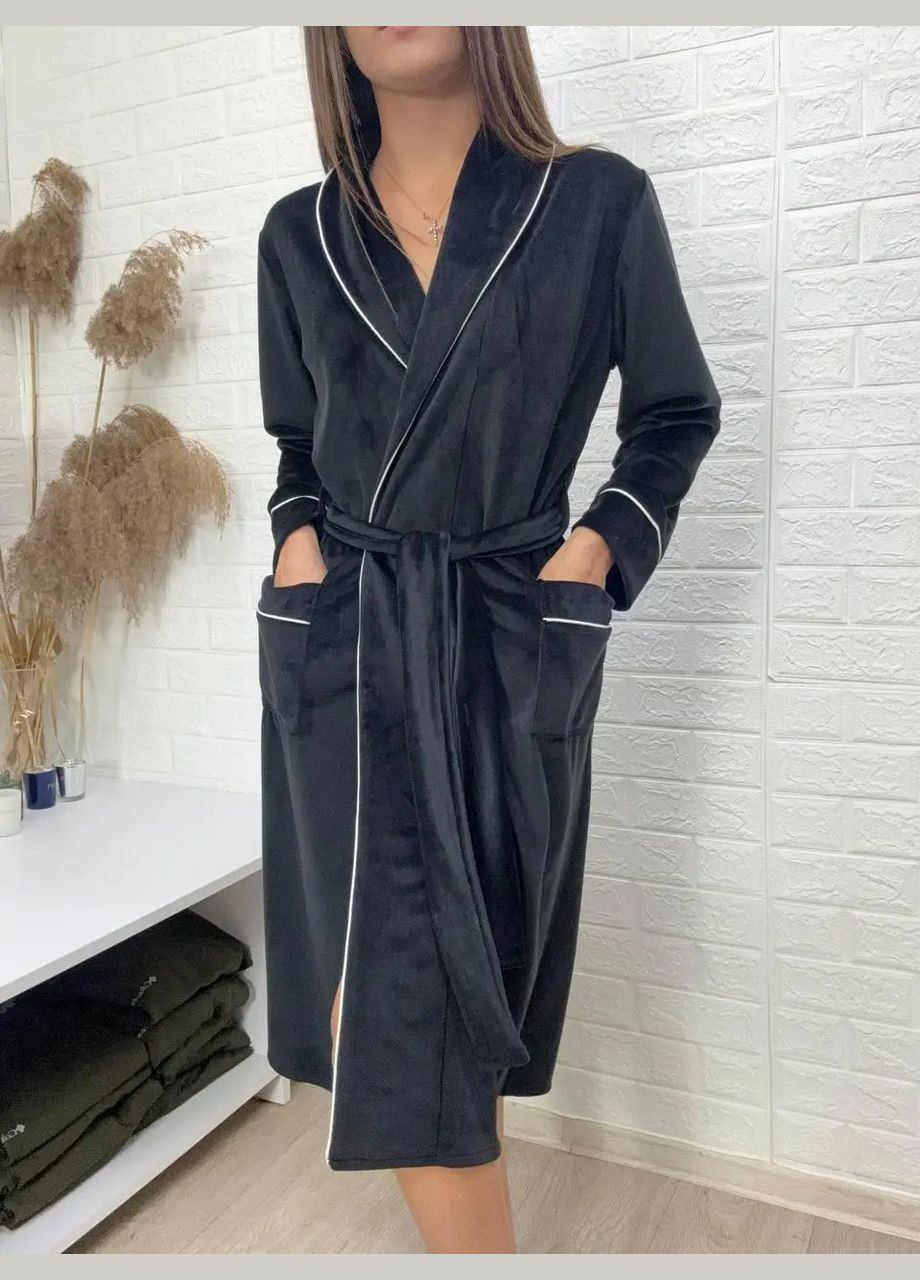 Халат велюровийз шалевим комірцем на запах колір чорний No Brand (328265403)