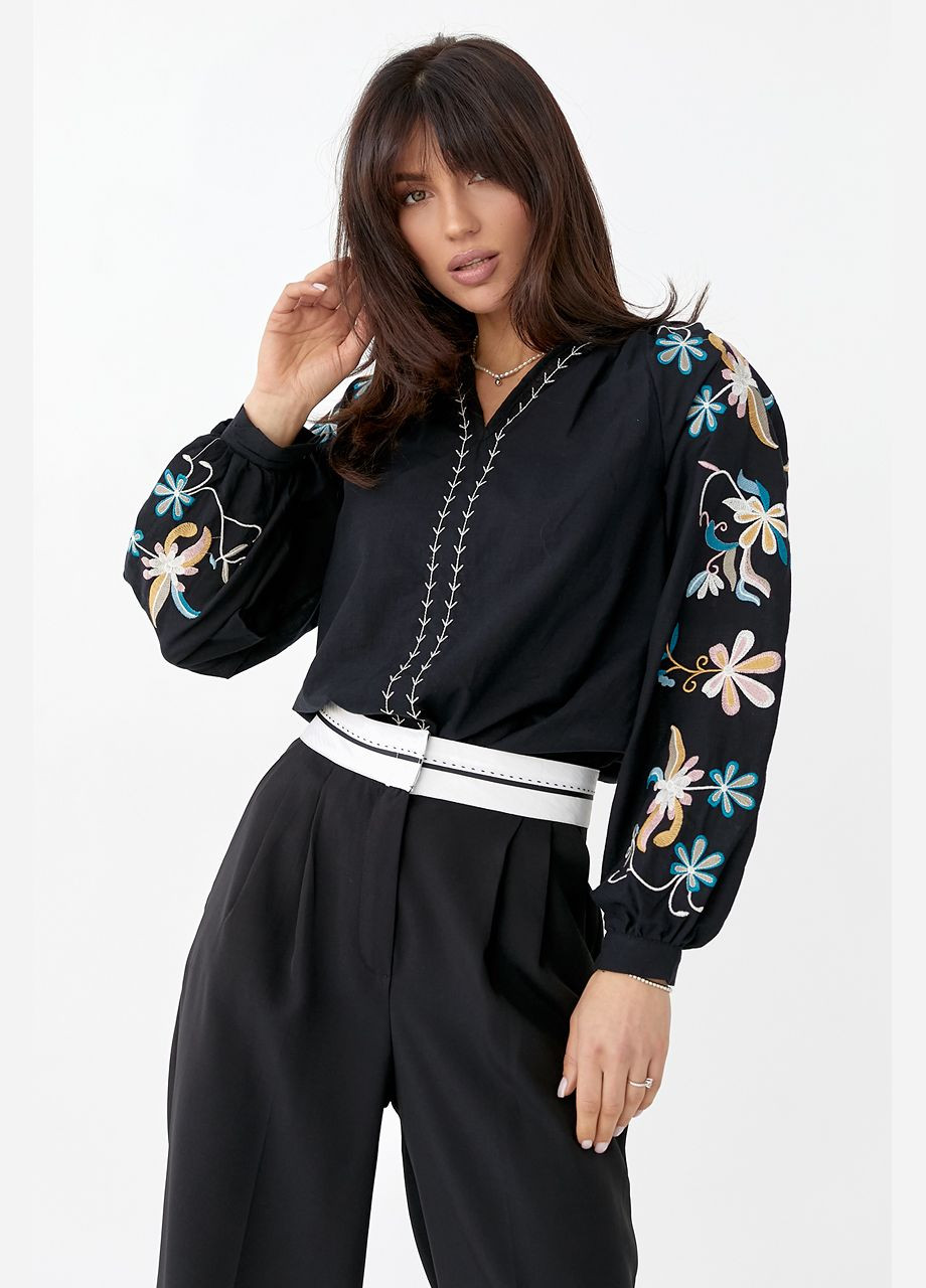Чёрная женская блузка с вышивкой с длинными рукавами. ESQ узор цветочный свободная хлопок (322130456)