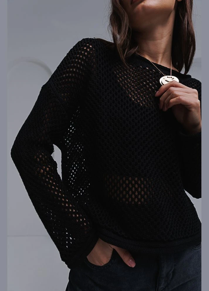 Вязаная ажурная кофта oversize в сеточку черная Arjen (294907653)