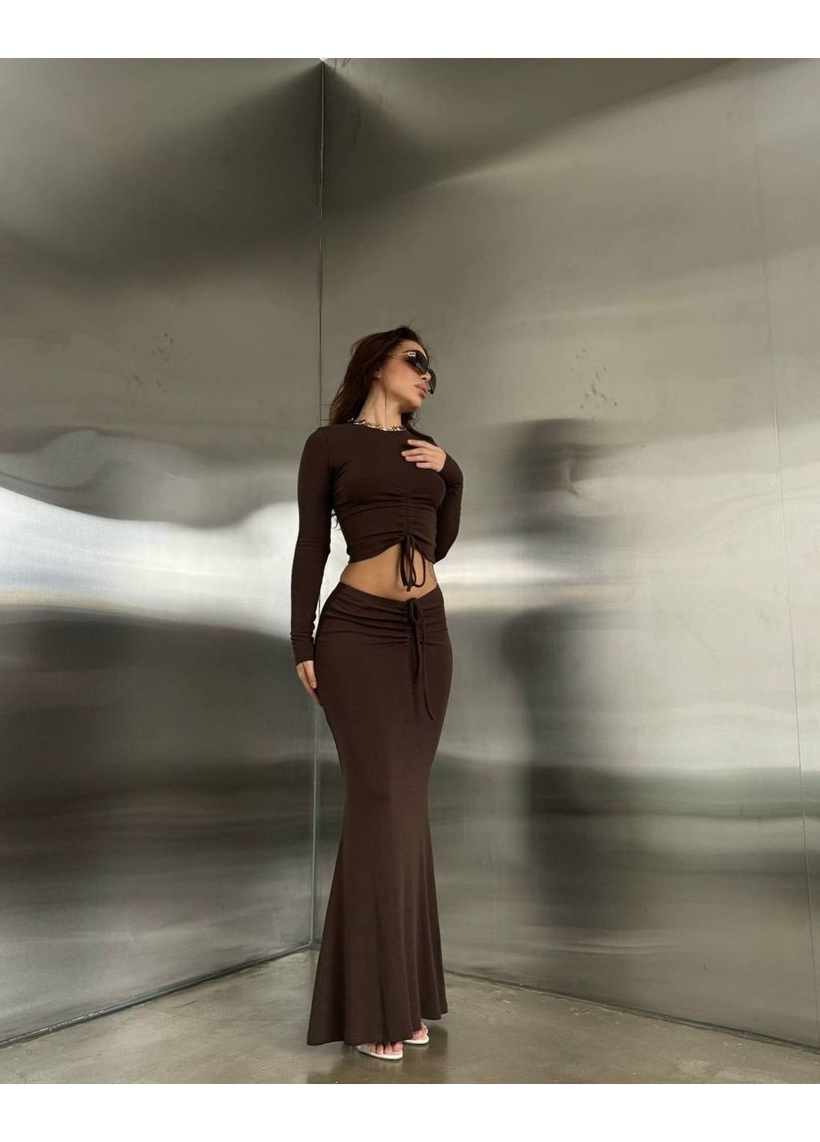 Темно-коричневий демісезонний жіночий комплект з топом та спідницею Avanti