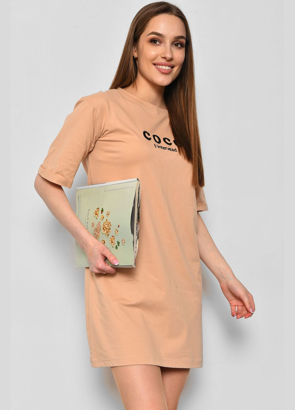 Туника женская из ткани лакоста бежевого цвета Let's Shop (290981429)