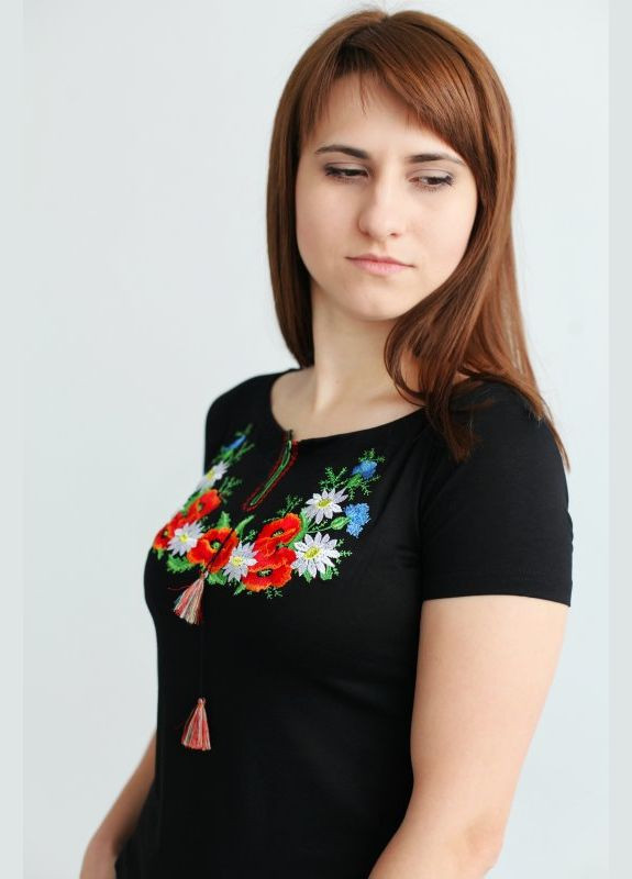 Чёрная женская вышиванка узор цветочный трикотаж (295550634)