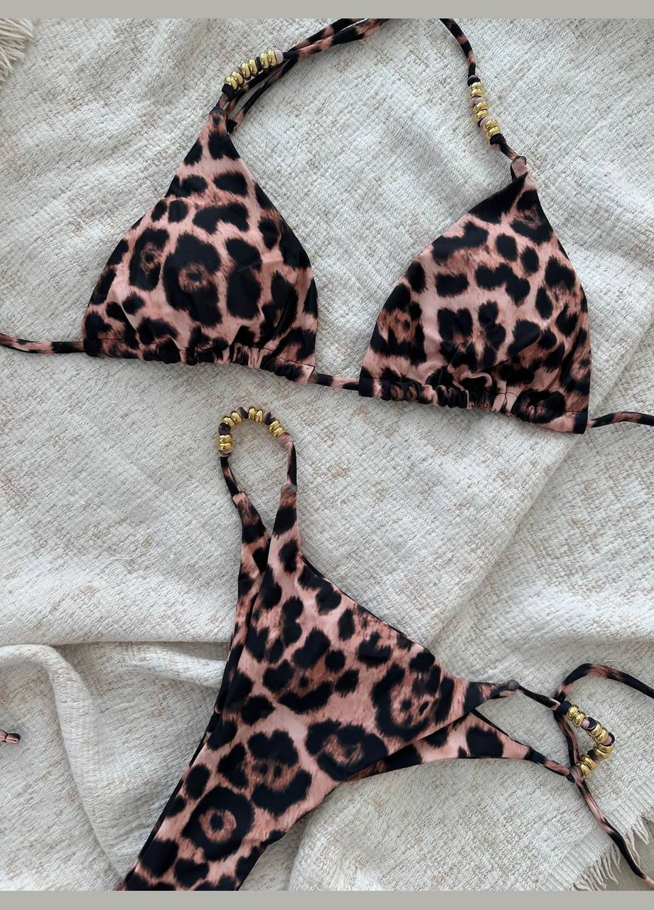 Бежевий літній стильний купальник із леопардовим принтом роздільний Vakko