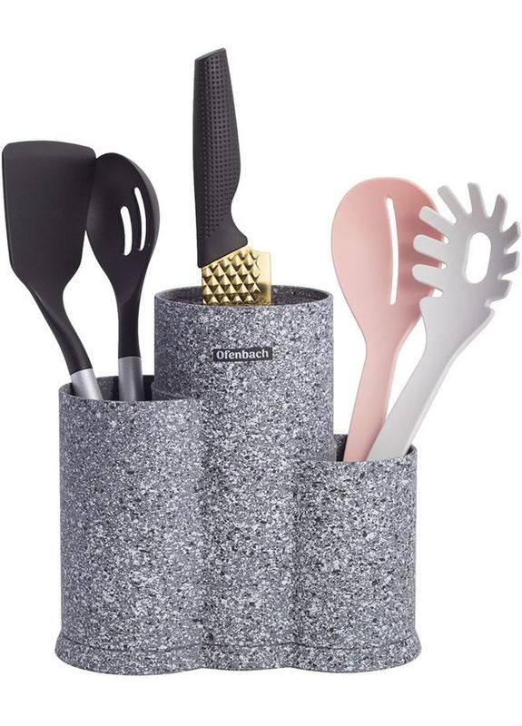 Підставка-колода Grey Marble для кухонних ножів 23х13х22см, потрійна кругла Ofenbach (372174236)