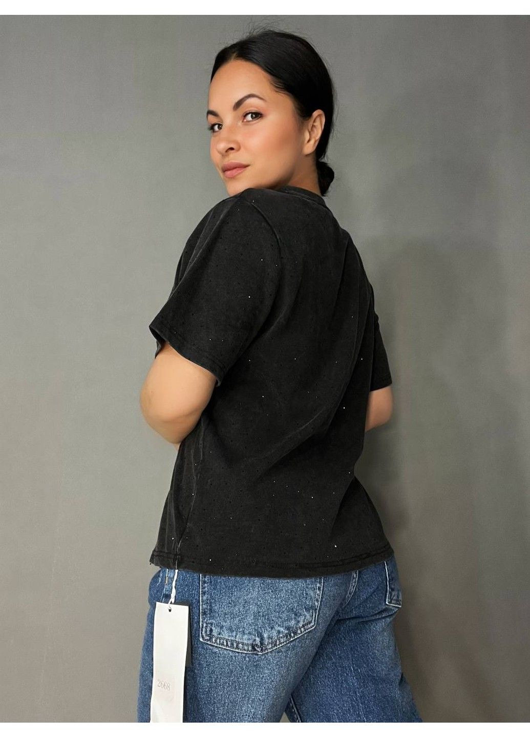 Футболка жіноча A-N 2668 варена тай дай оверсайз з камінцями чорна No Brand - (336432866)