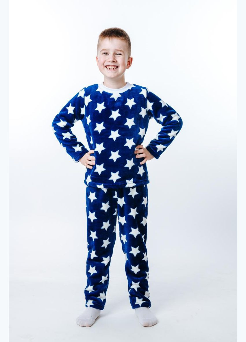 Темно-синяя зимняя теплая пижама для мальчика звездочки свитшот + брюки Україна