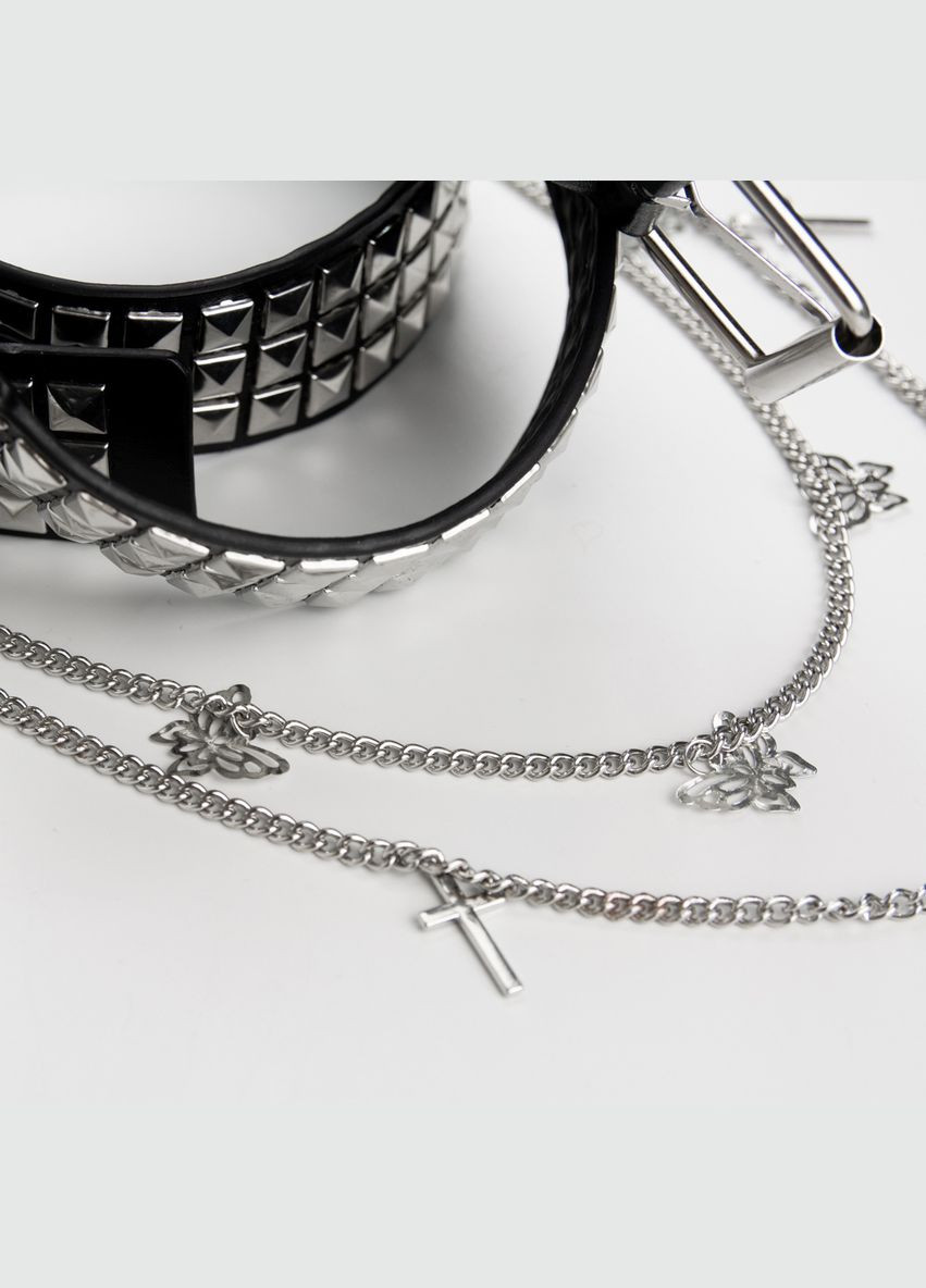 Ремінь з ланцюжком панк хрести шипи метелики чорний 110 см No Brand (335413983)