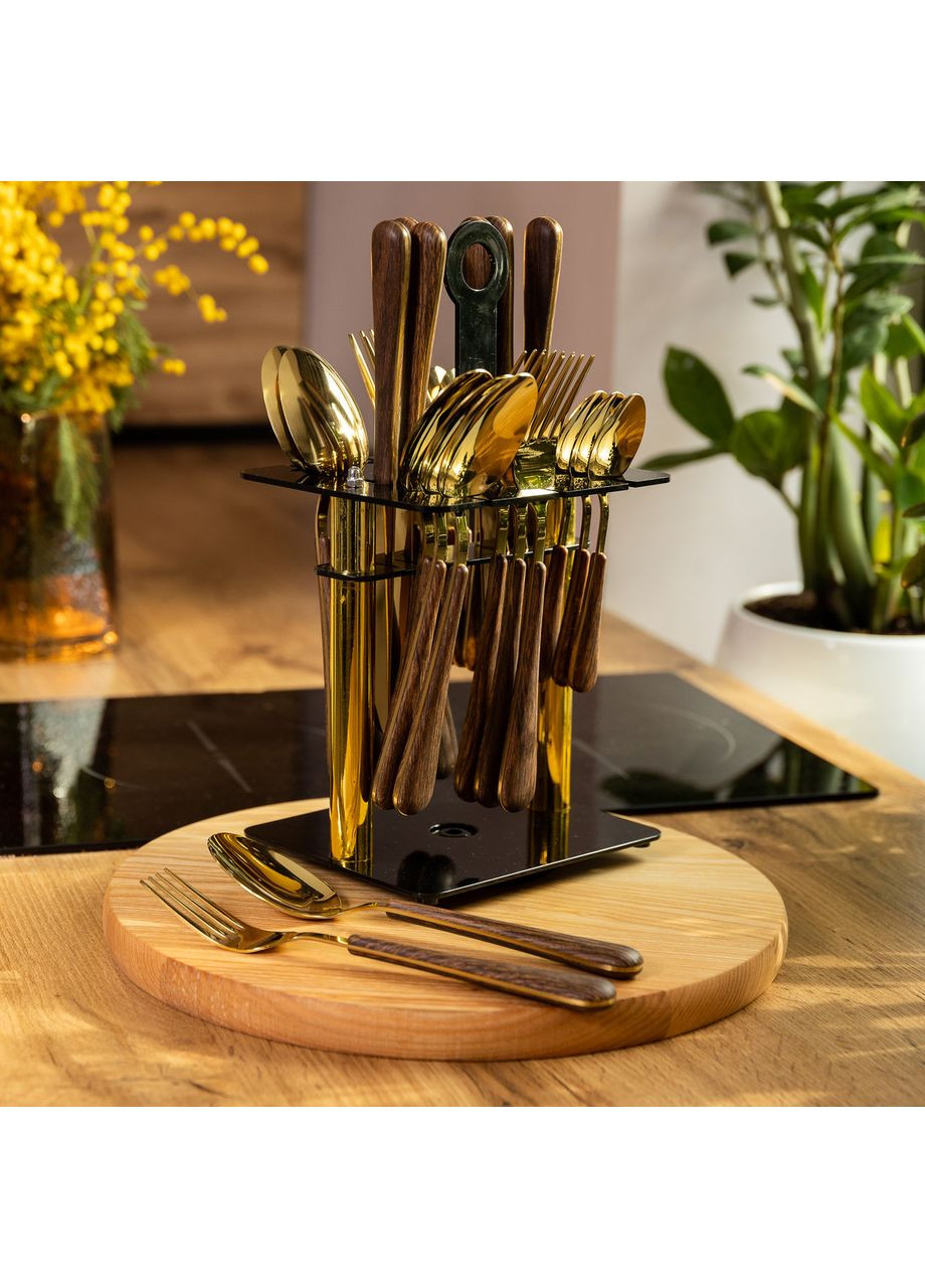 Набір столових приборів на 6 персон з дерев'яними ручками на підставці столові прибори 24 шт Золото HP-20-2 Yiwu (369142950)