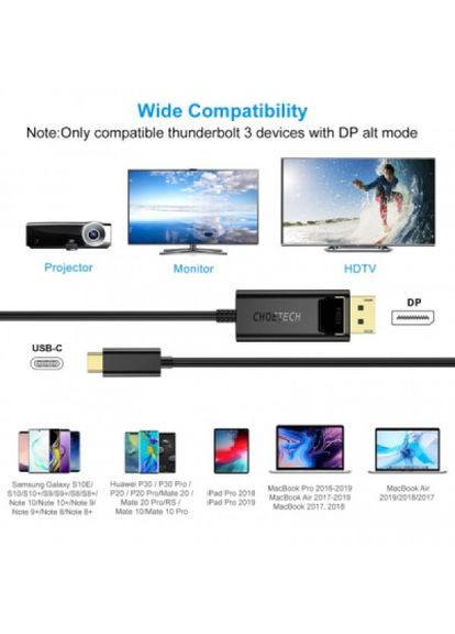 Кабель мультимедійний USBC to DisplayPort 1.8m 4K 60Hz (XCP-1801BK) CHOETECH usb-c to displayport 1.8m 4k 60hz (287338594)