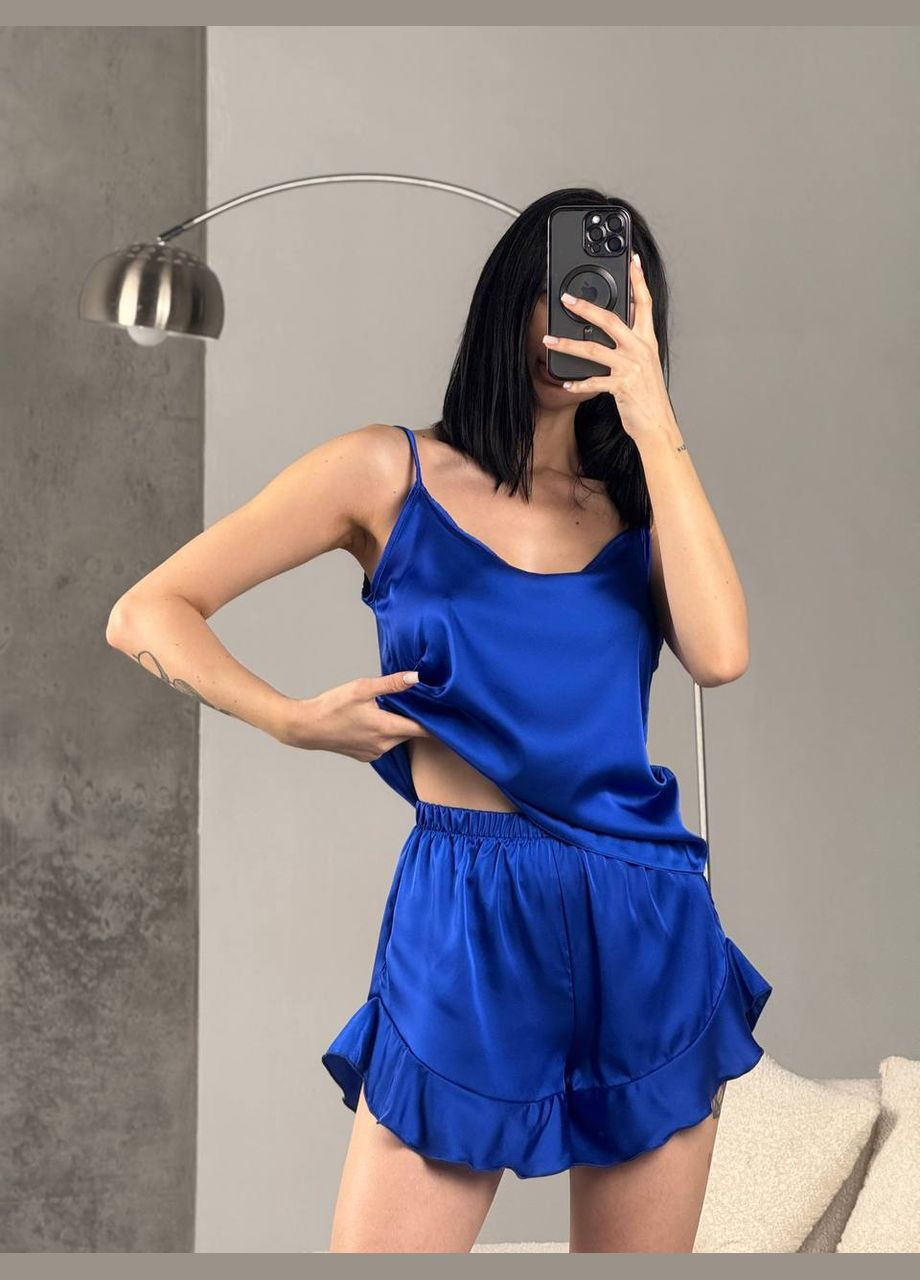 Синяя всесезон женская пижама кофта + майка + шорты + брюки No Brand