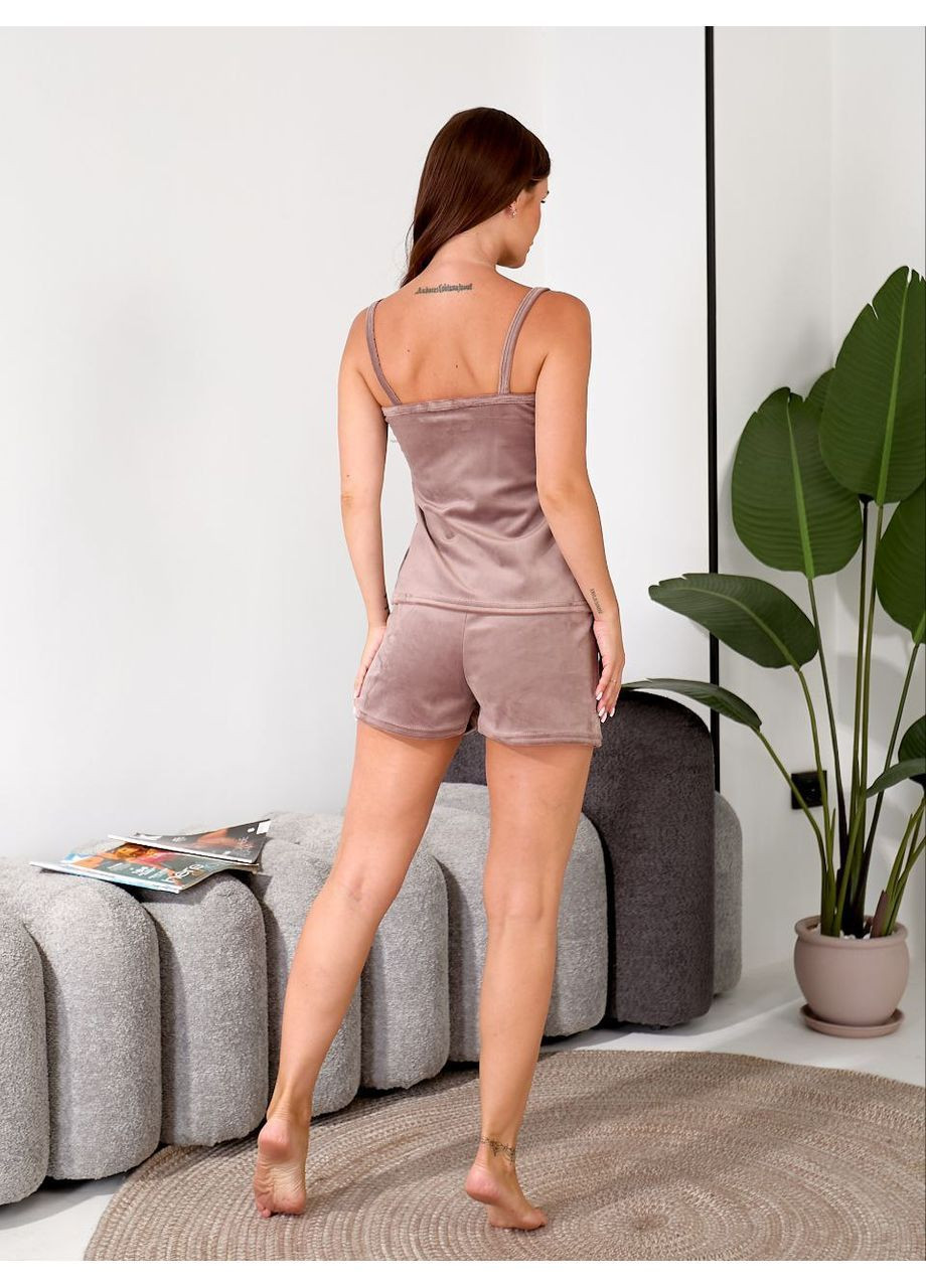 Бежевая всесезон бархатная пижама шорты и майка с кружевом майка + шорты Nositi