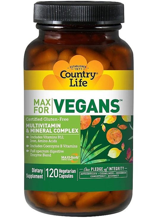 Дієтична добавка "Мультивітаміни та мінерали для веганів" Max For Vegan 120шт (1555593-44909979) Country Life (368602495)