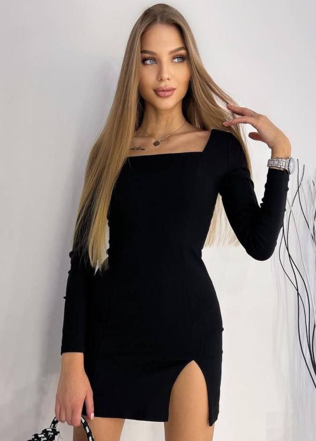 Чорна святковий, вечірня вишукана приталена вечірня міні сукня з довгим рукавом, вирізом на спідниці та горловиною з вирізом каре Tik-Tak однотонна