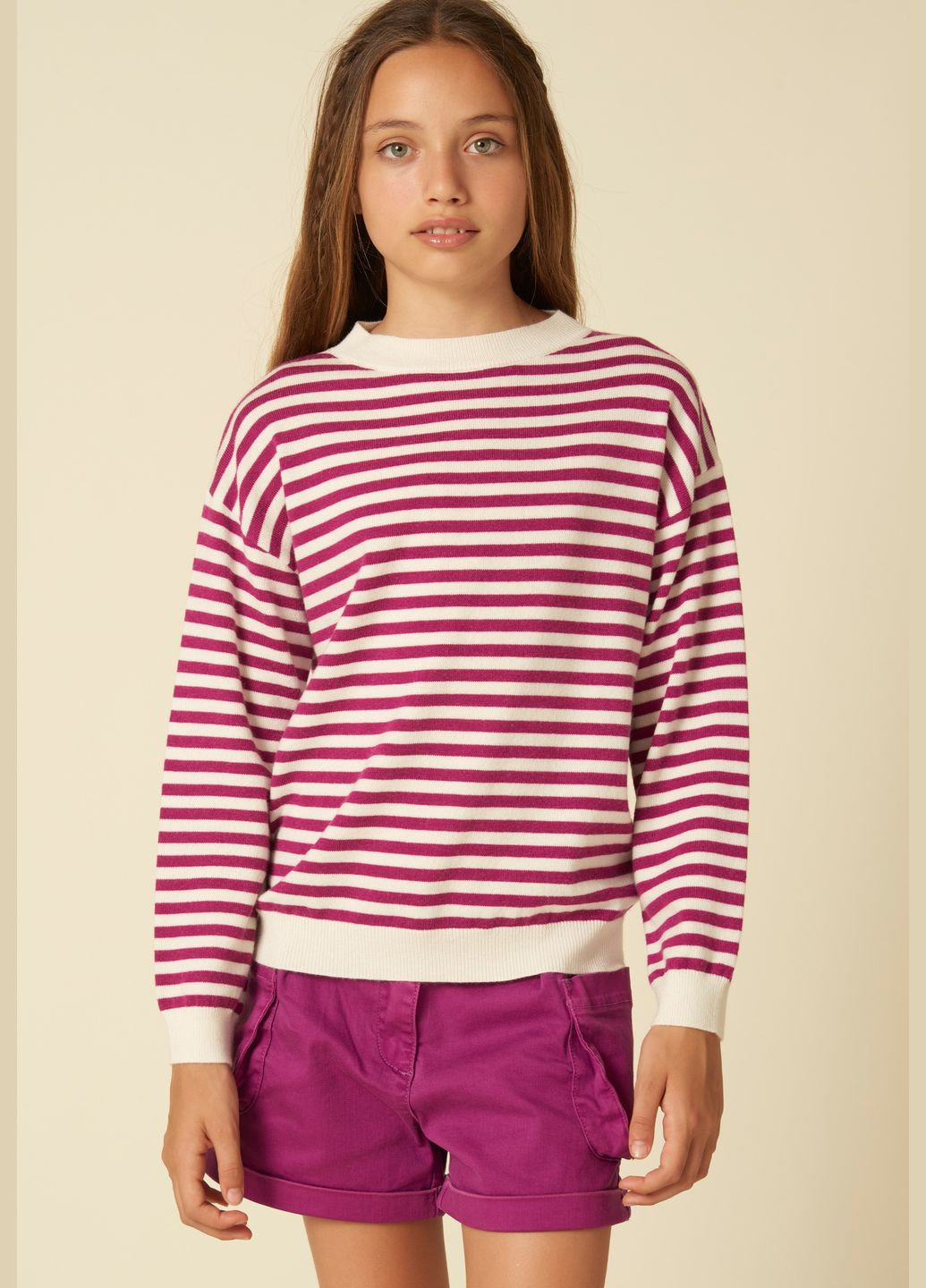 To Be Too tbt2451 свитшот из тонкой вязки для девочки (италия) полосатый бело-фиолетовый полоска фиолетовый праздничный, коктейльный, деловой, повседневный, кэжуал, деним шерсть