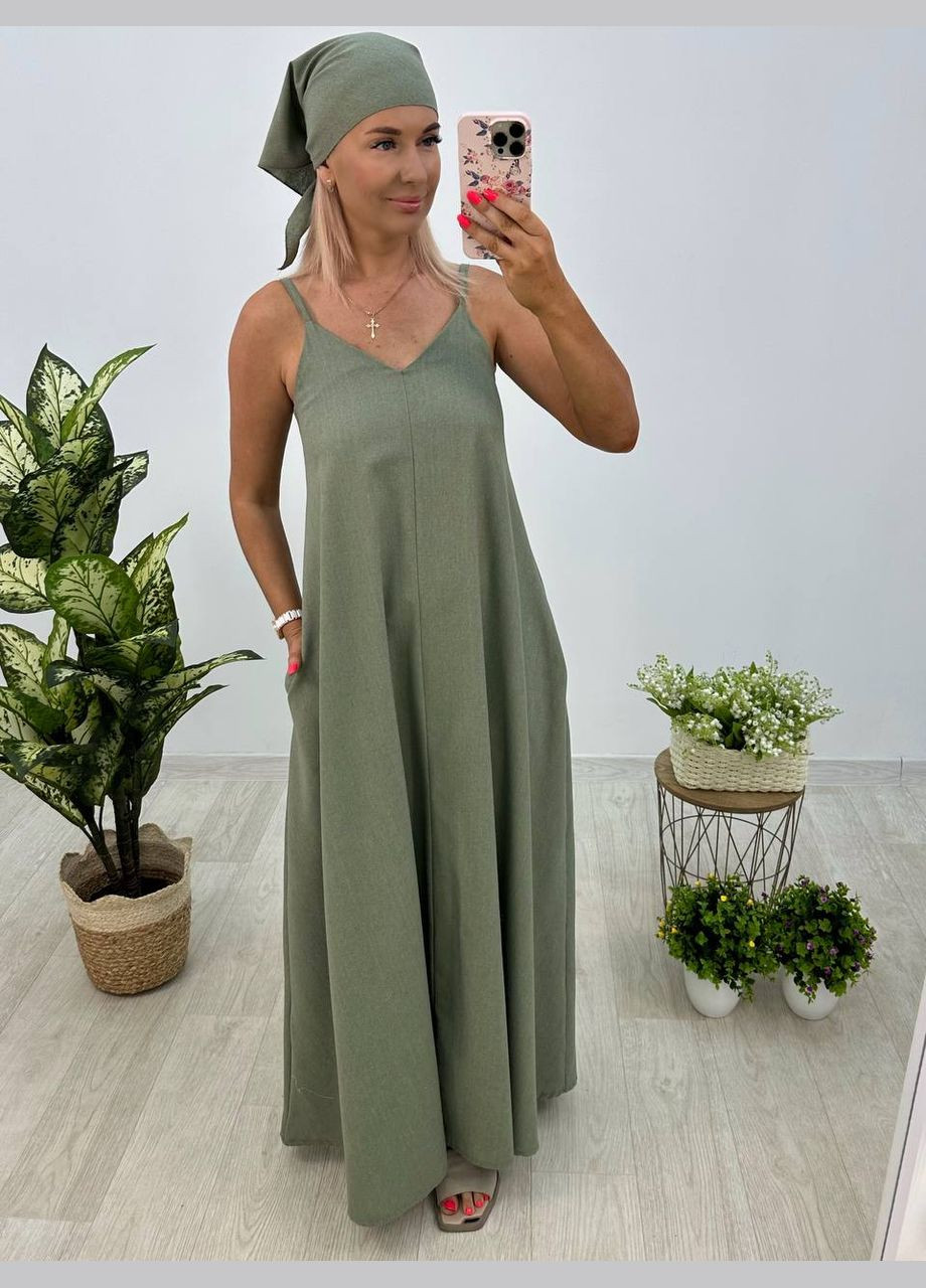 Оливкова сукня з хусткою Garna однотонна