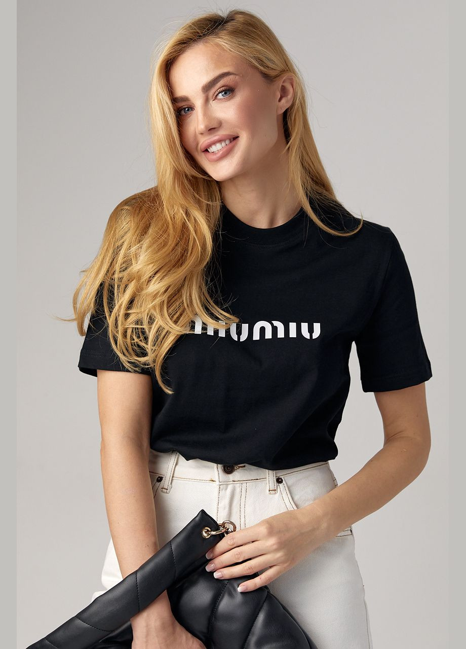 Черная летняя женская футболка с надписью miu miu Lurex
