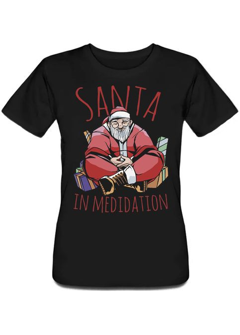 Чорна літня жіноча новорічна футболка "santa meditation" (чорна) Fat Cat