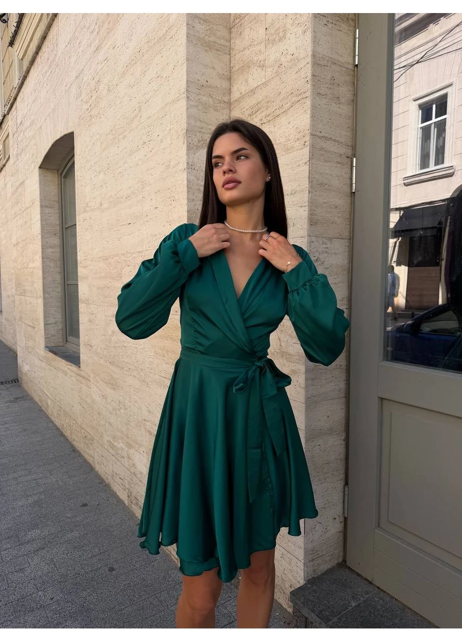 Смарагдова сукня шовкова мiнi на запах смарагдового кольору 38794 на запах Fashion однотонна