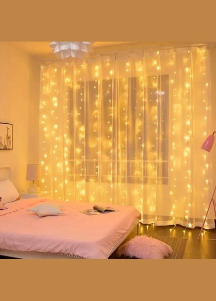 Светодиодная гирлянда штора на окно новогодняя гирлянда на шторы, Теплый белый, 3 на 3 м (3х3), 300 LED + Пульт, LED LIGHT No Brand (306621182)