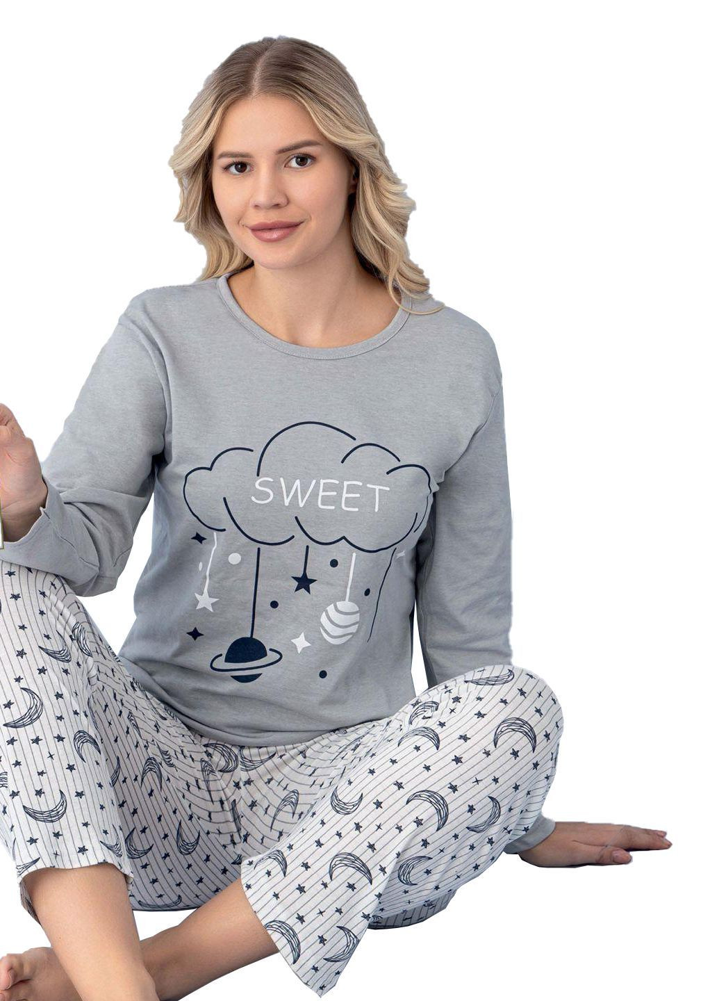 Серая пижама женская хлопок лонгслив + брюки Ruyam