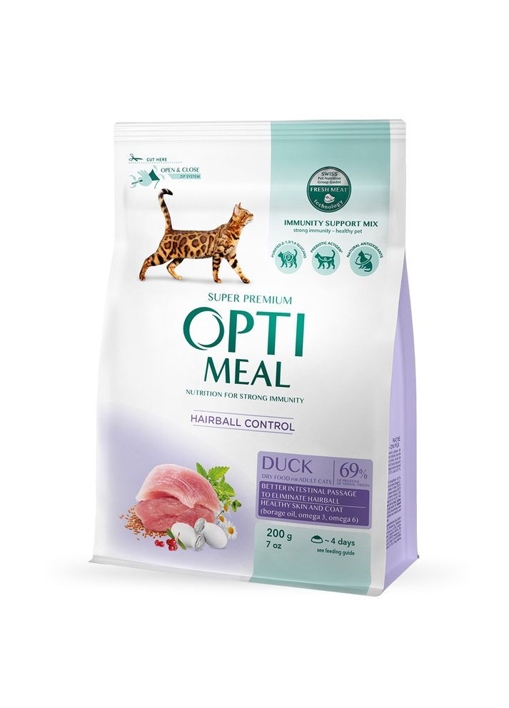 Сухий корм для котів Adult Hairball Control для виведення шерсті з качкою 200 г B1890701 Optimeal (338378063)
