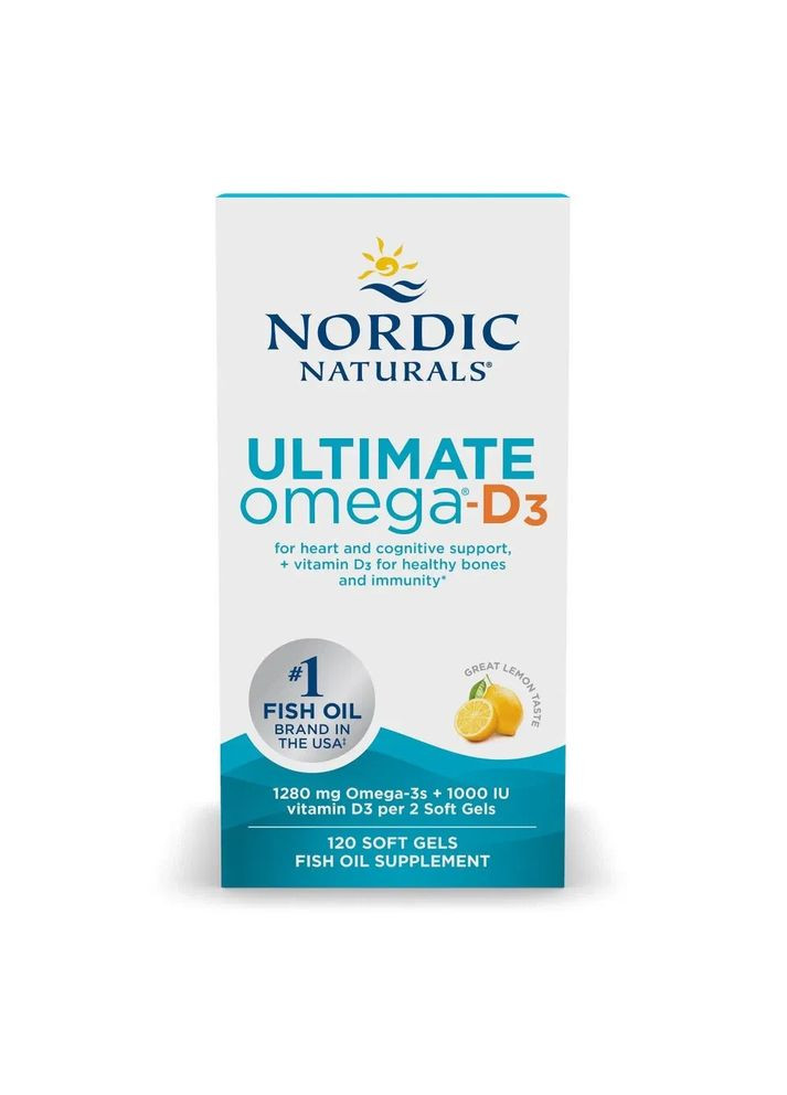 Рыбий жир омега-D3 Ultimate Omega-D3 Лимон 1280 мг 120 гелевых капсул Nordic Naturals (371809980)