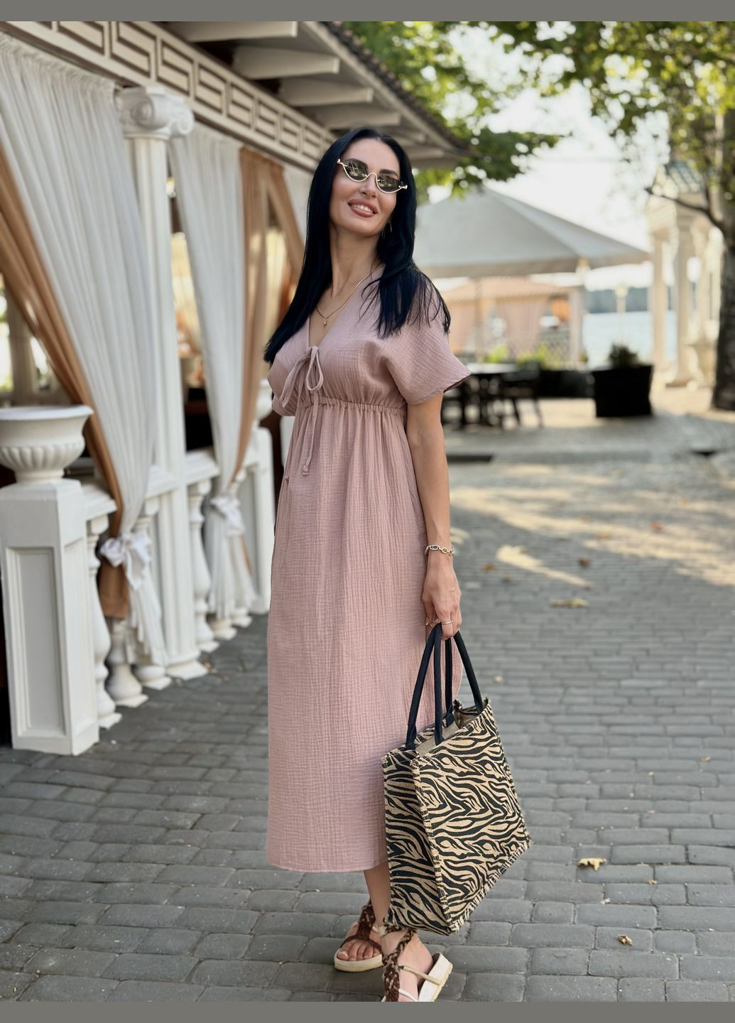 Кофейное повседневный длинное муслиновое платье Fashion Girl