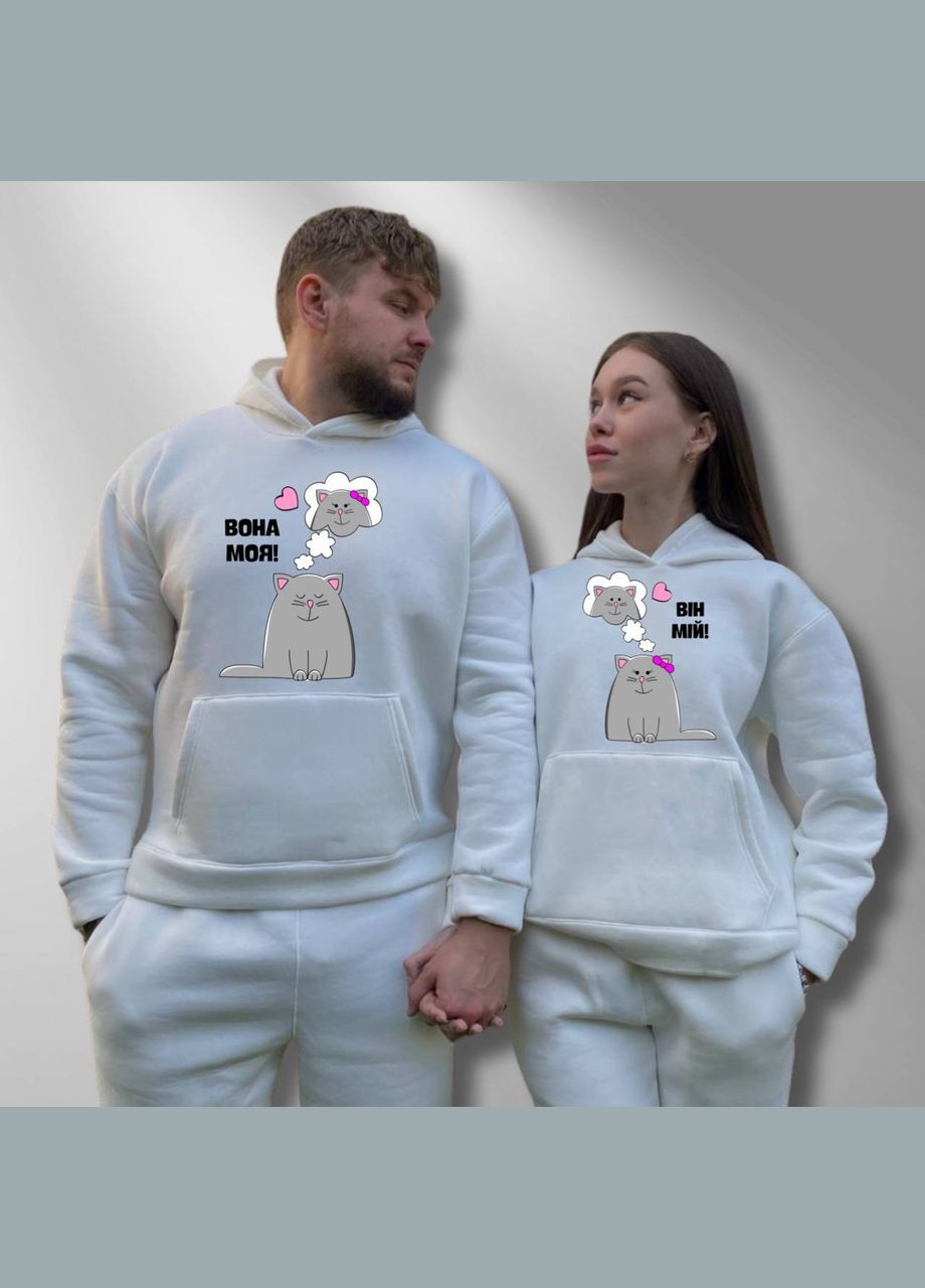 Парные худые теплые с капюшоном, в белом цвете, принт "Он мой/Она моя" (955) Hand Made (358895983)