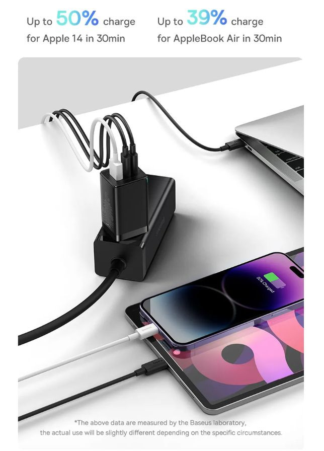 Зарядний пристрій GaN5 Pro 65W (2 USB Type-C + USB Type-A) 65Вт PD3.0 QC4.0 + Кабель Type-C 100W PD Baseus (300524085)