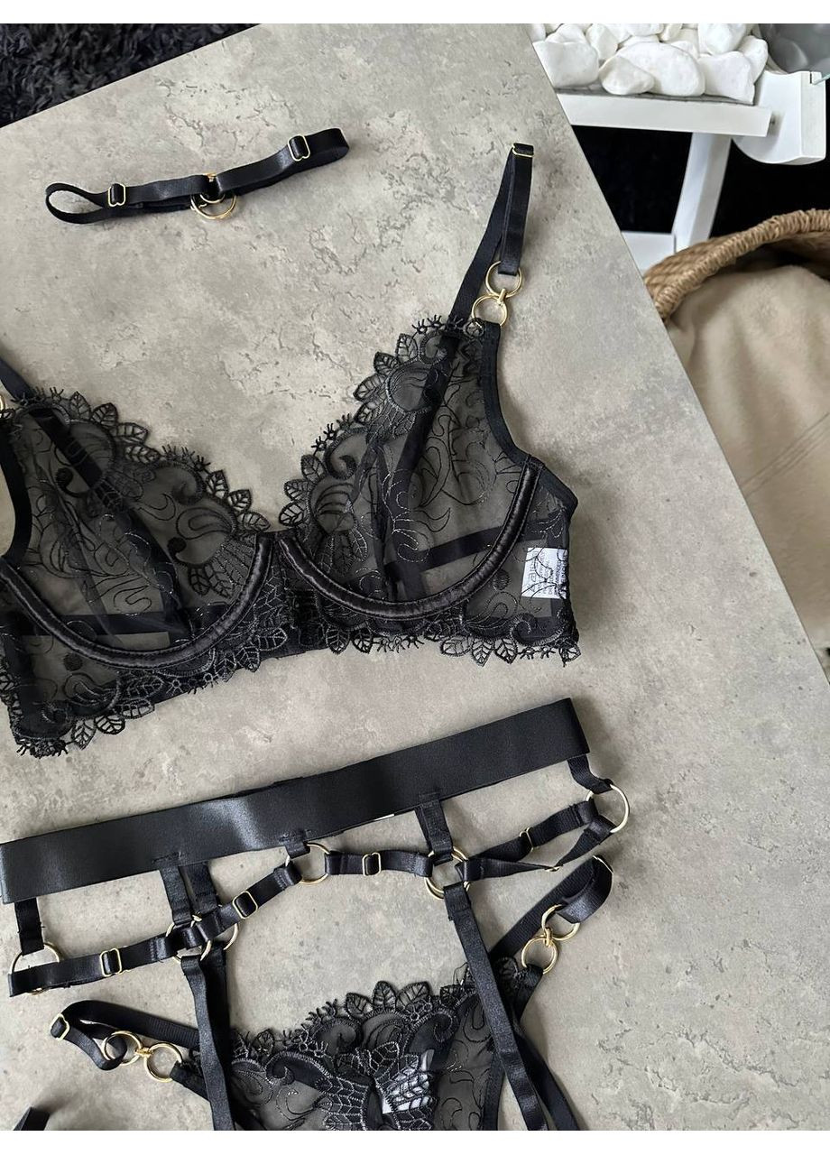Чёрный балконет комплект белья "desire set" | чашка с косточкой, чокер и гартеры в комплекте, черный Vital-Textile с косточками полиэстер, эластан