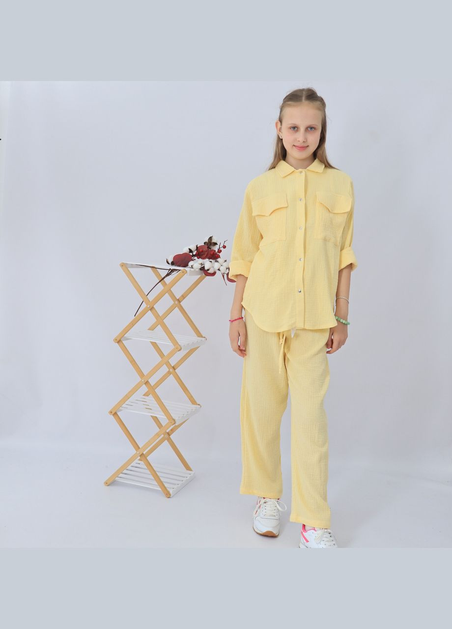Бирюзовый летний детский лимонный муслиновый комплект унисекс рубашка+ штаны+футболка палаццо mrou с рубашкой, брючный No Brand
