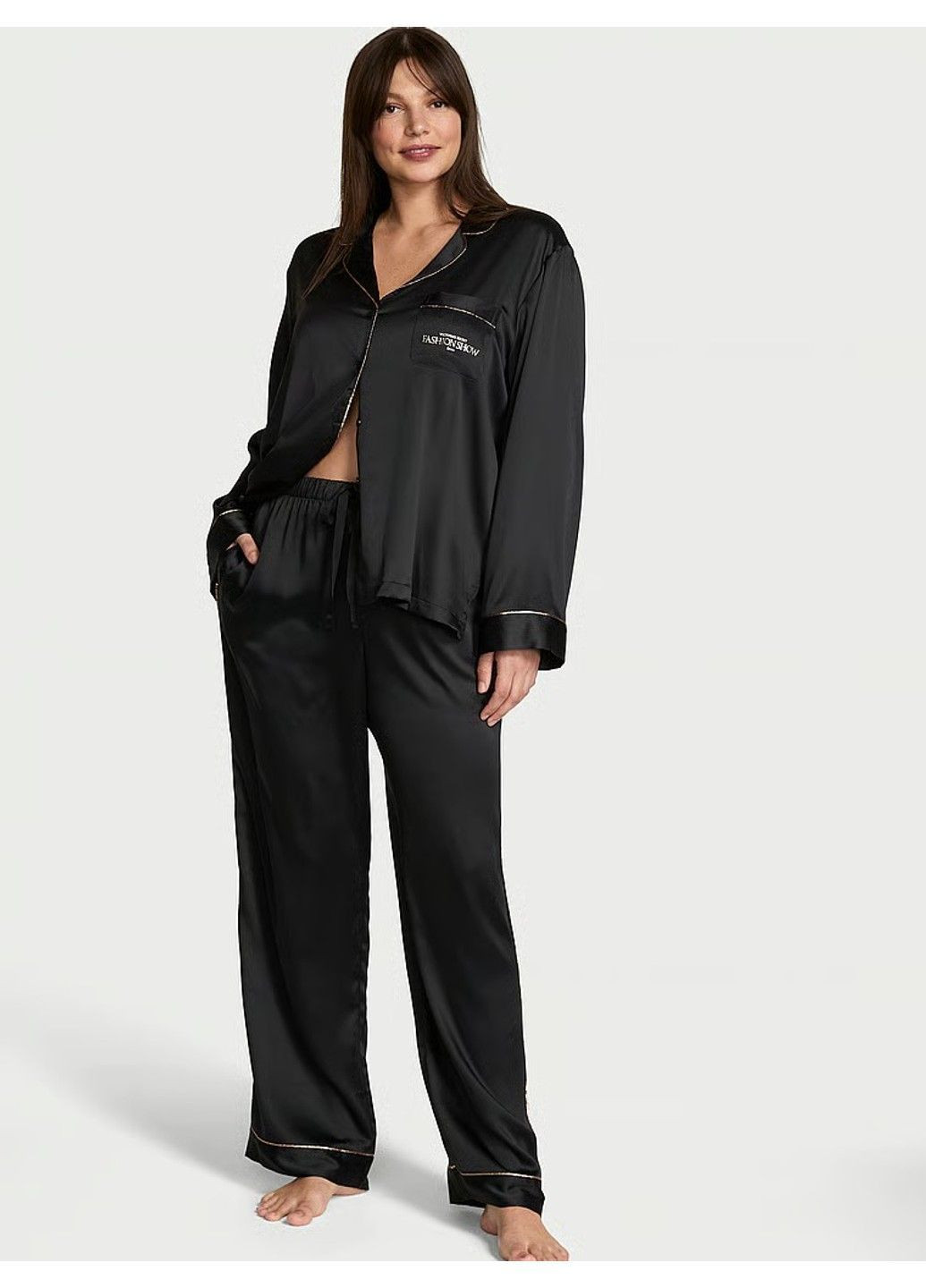 Черная всесезон пижама атласная backstage satin sparkle long pajama set Victoria's Secret