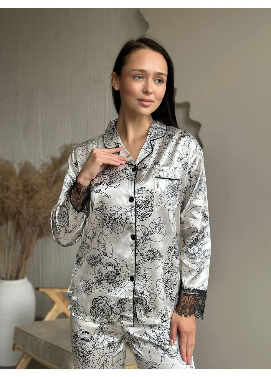 Комбінована жіноча піжама із шовку з квітковим принтом і мереживом / шовкова піжама жіноча сатинова з мереживними вставками No Brand