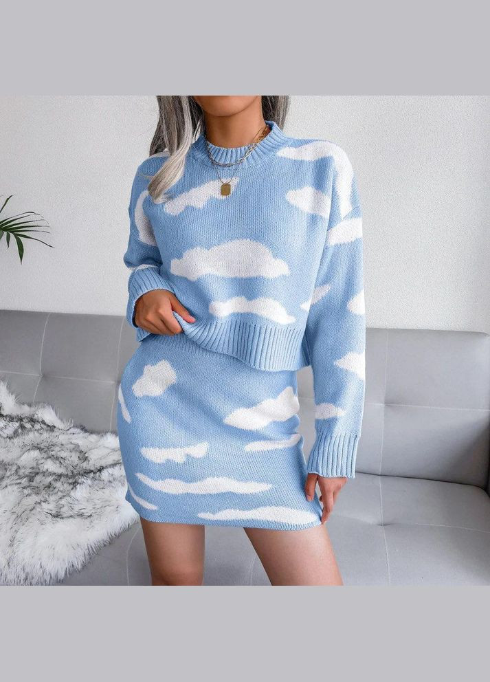 Женщинам комплект із двох предметів зі спідницею светр з круглим вирізом та довгими рукавами та спідниця SF-2024 Блакитний, M Sofia (267425095)