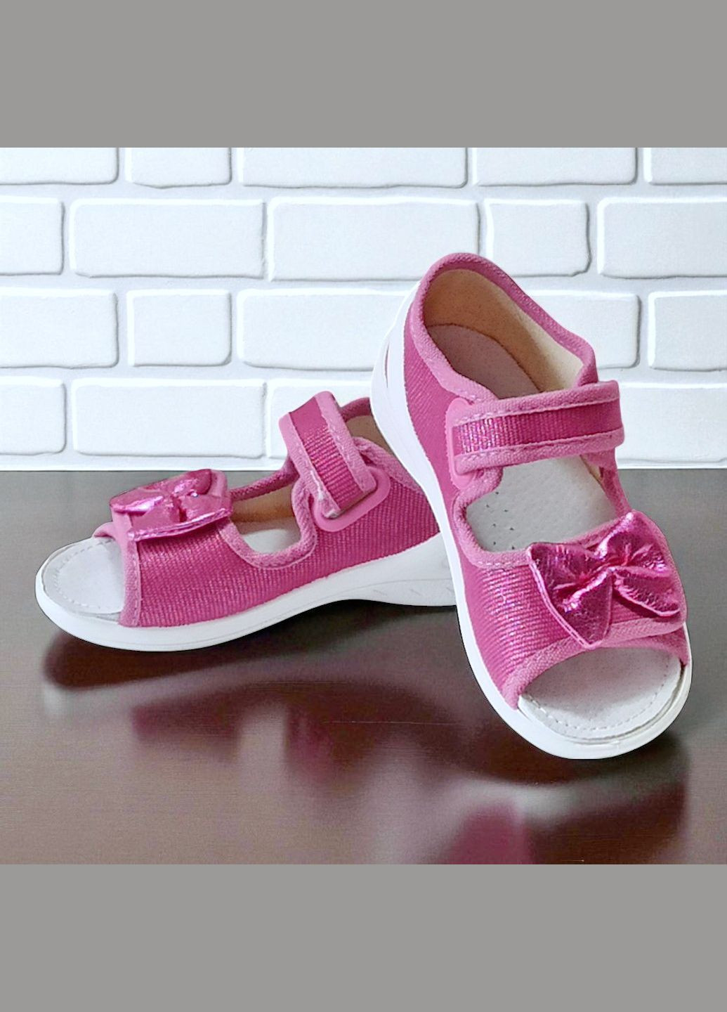 Малиновые ортопедические открытые тапочки текстильные босоножки на липучках валди ева Waldi с бантом