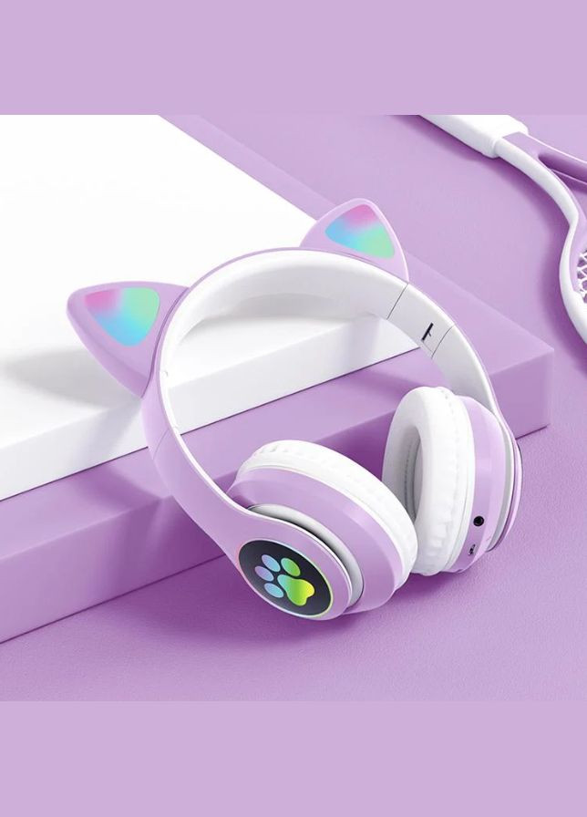 Наушники Беспроводные детские MP3 с кошачьими ушками с подсветкой LED Фиолетовые Cat stn-28 (282957009)