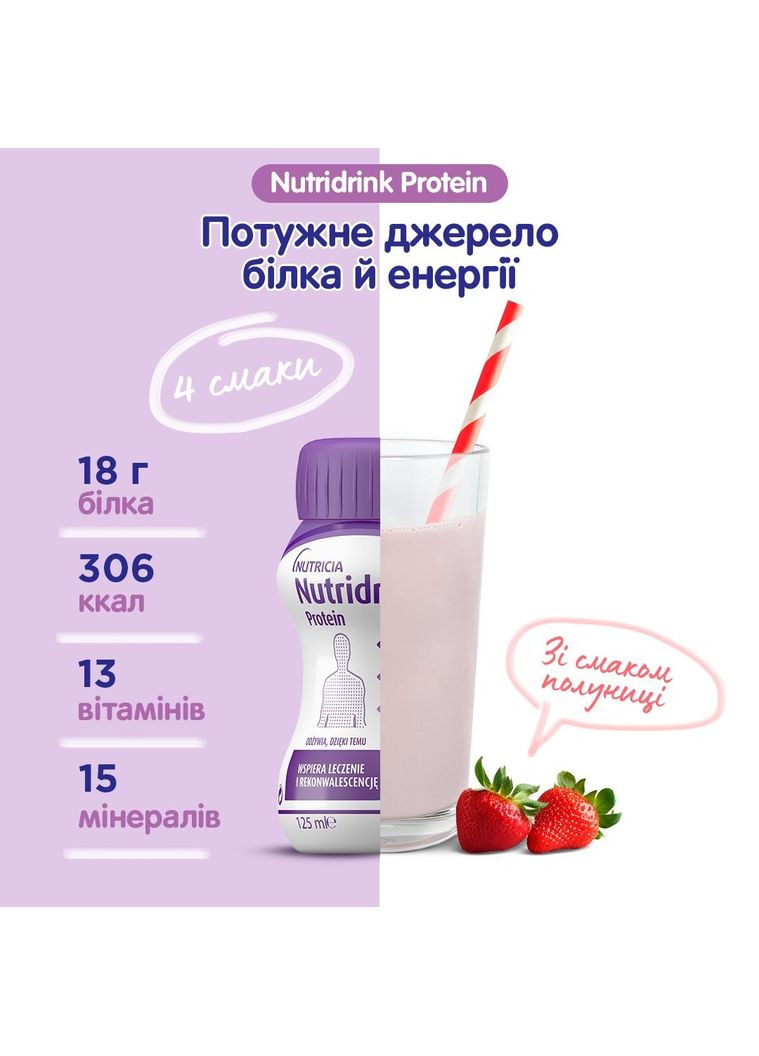 Ентеральне харчування Nutridrink Protein зі смаком полуниці, 4х125 мл Nutricia (331861148)