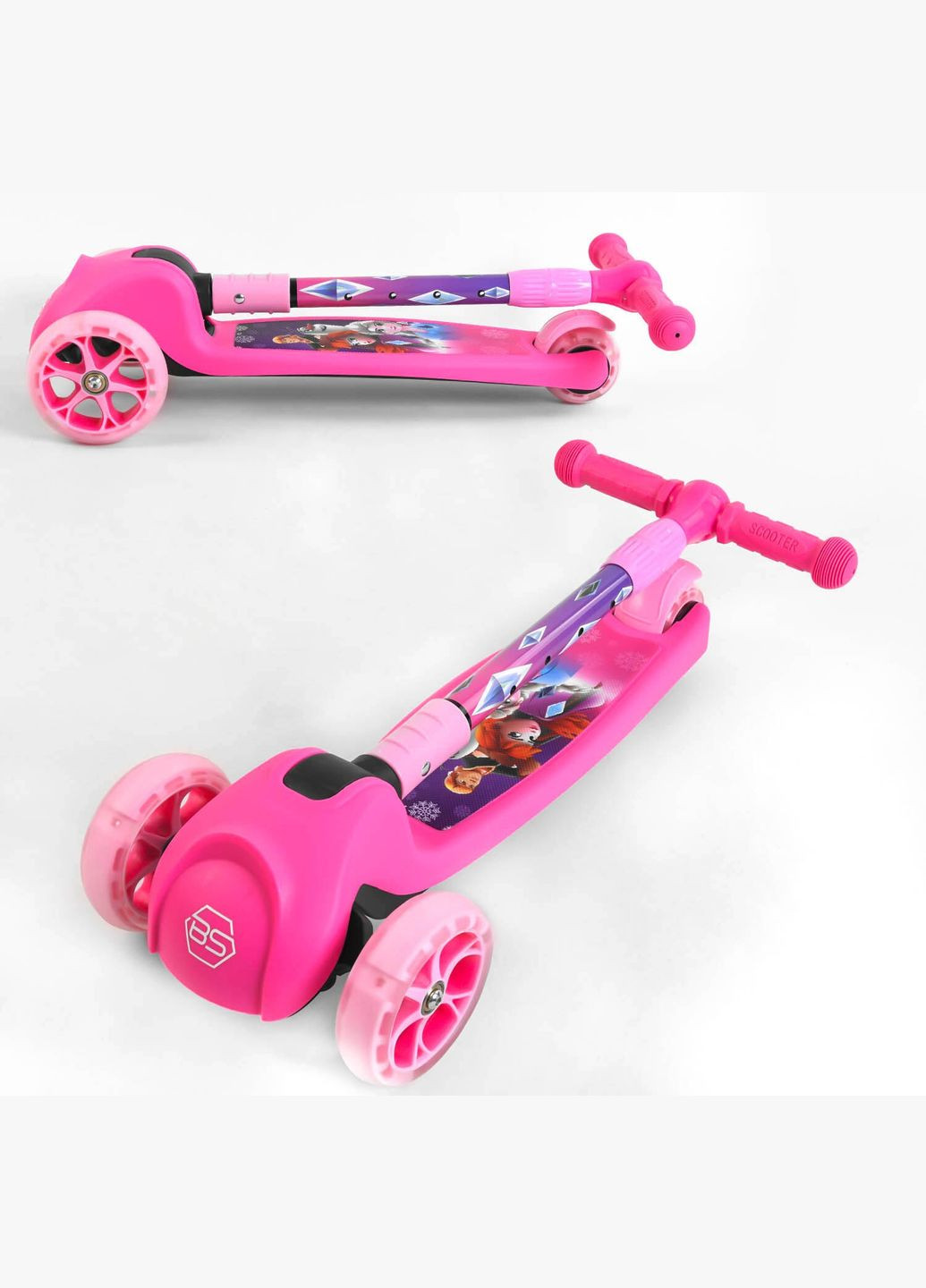 Детский самокат 88361. Подсветка колес и дисков, складной руль, 3 PU колеса. Розовый Best Scooter (290668373)