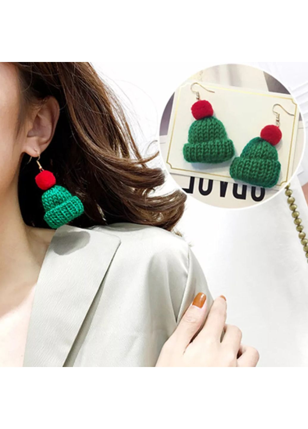 Серьги/сережки Шапочки вязанные, зимние новогодние «Winter mood» (зелено-красный) China (366874288)