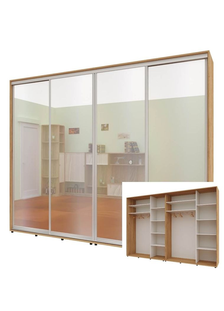 Шафа-купе чотиридверна 320*45*240 см Дуб золотий 4 двері Дзеркало Стандарт Комфорт Меблі (360435181)