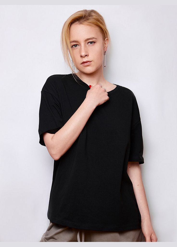 Комбинированная всесезон футболка женская базовая oversize черная mksh2433-2 Modna KAZKA