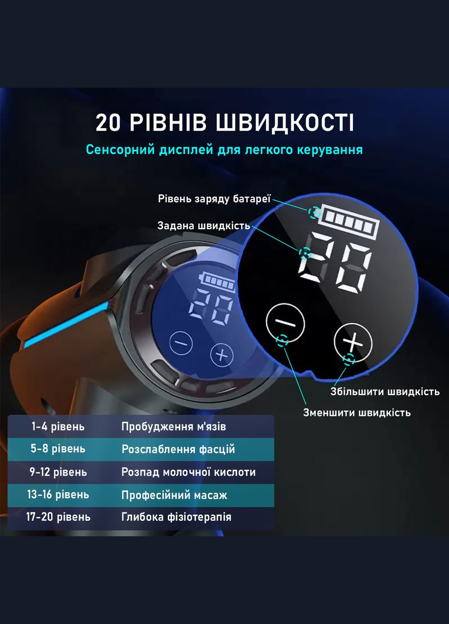 Ручний портативний масажер для тіла 20 скор. масажний пістолет - вібраційний ударний перкусійний масажер No Brand (347590547)