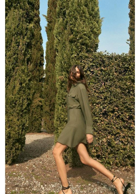 Оливковое (хаки) платье-рубашка мини длиной и длинным рукавом Zara