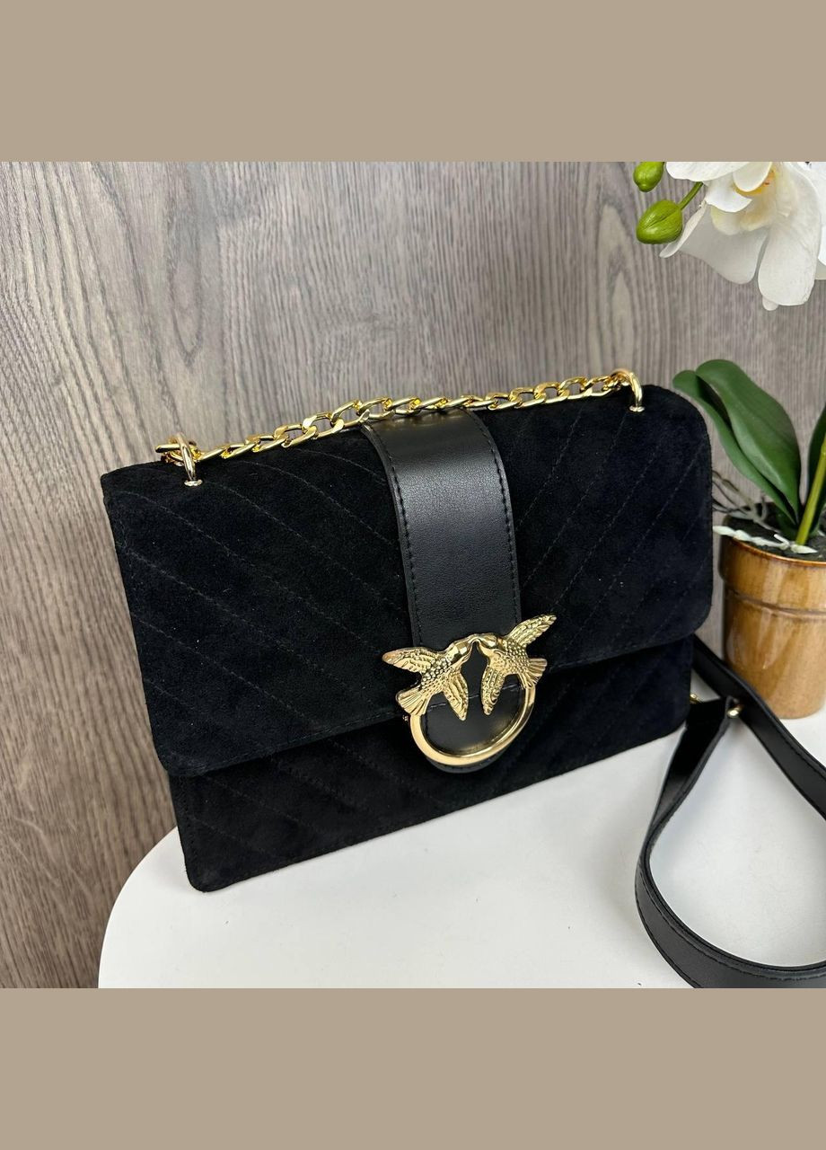 Жіноча замшева стьобана сумочка клатч на плече з ланцюжком та екошкірою чорна (sku_1664Г) No Brand (330576248)