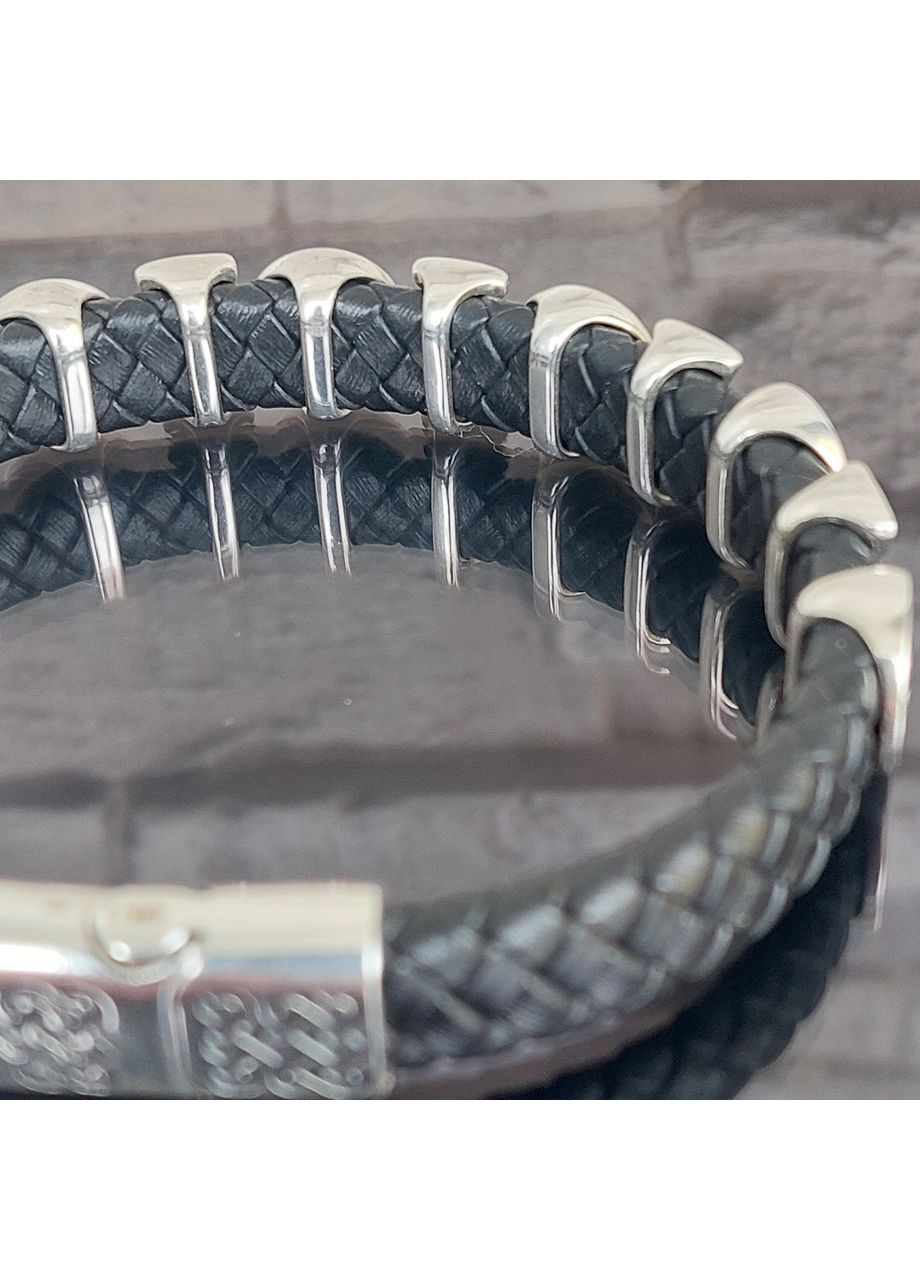 Браслет срібний Генеральський з рунами та плетеною шкірою No Brand (365818906)