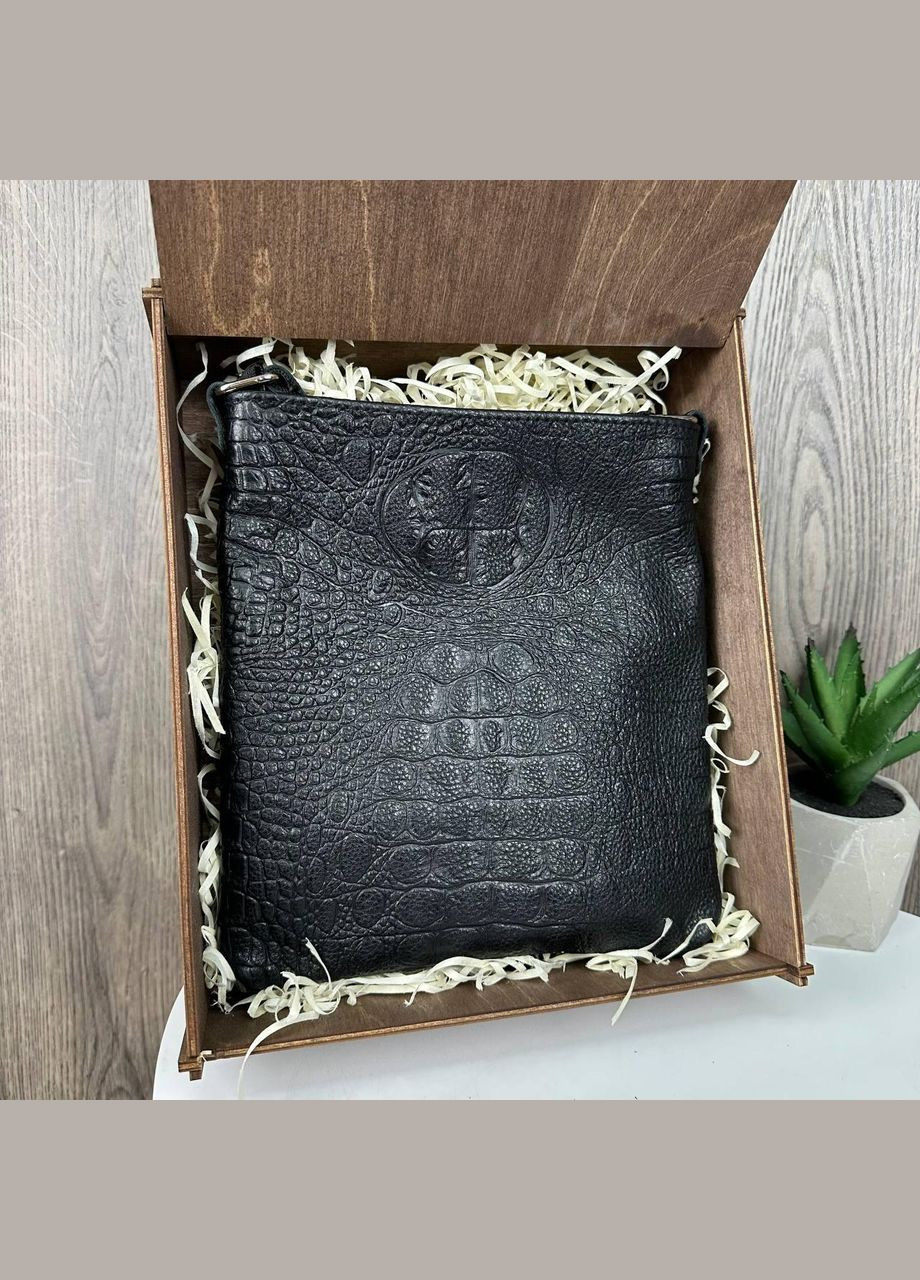 Чоловіча шкіряна сумка-планшетка барсетка з тисненням рептилія чорна з натуральної шкіри No Brand (334731213)
