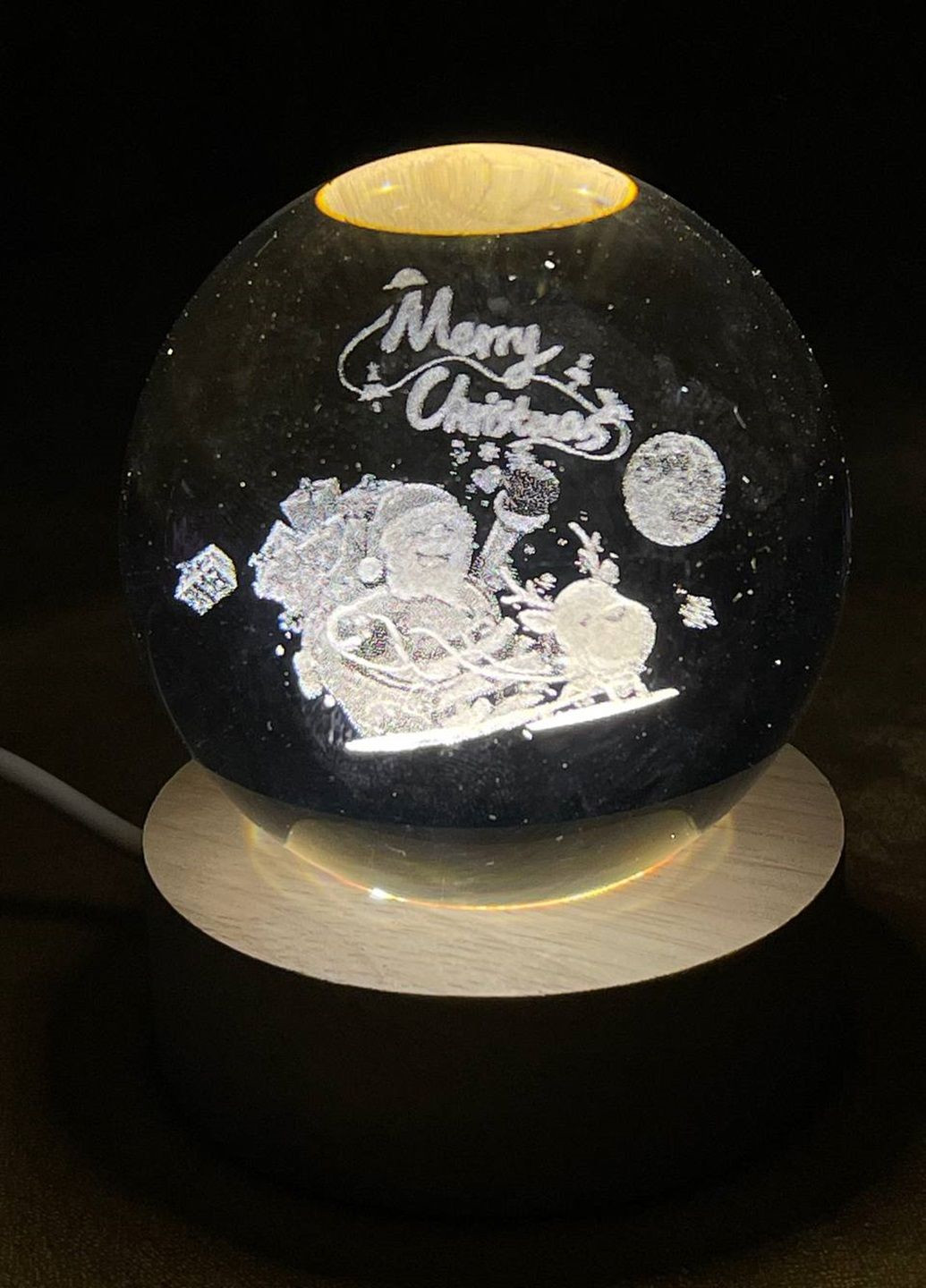 Нічник кришталева куля 3D в кімнаті нічний світильник новорічний merry christmas Дід мороз на санях Різдво No Brand (308253125)